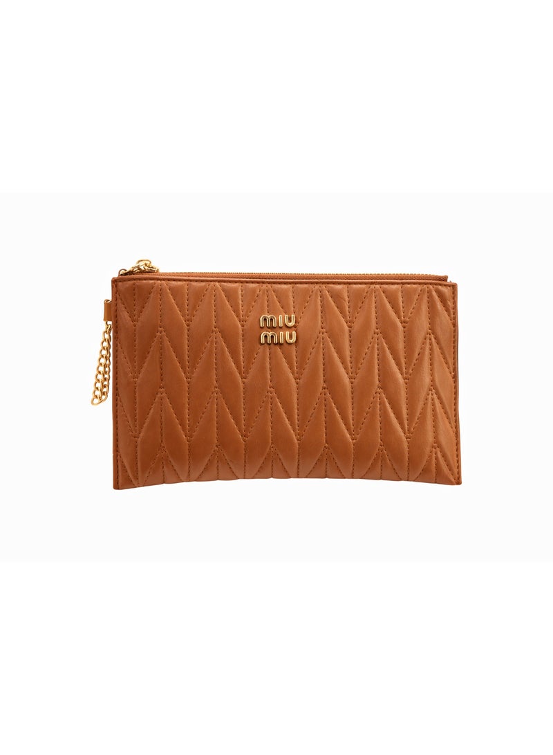 Miu Miu Brown Quilted Leather Zip Pouch with Gold Logo