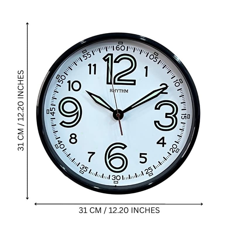 RHYTHM (Japan) Round Plastic Case Night Glow English Numbers Hands Analog Wall Clock For Living Room Bedroom Home Office Decor Gifts (Size: 31 x 4.5 x 31 CM | Weight: 735 Gram | Color: Black) - Image 5