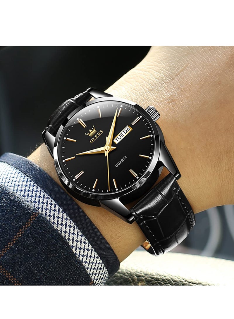 OLEVS Watches for Men Quartz Analog Water Resistant Leather Watch Black 6898  - Image 3
