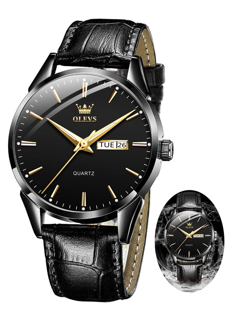 OLEVS Watches for Men Quartz Analog Water Resistant Leather Watch Black 6898  - Image 1
