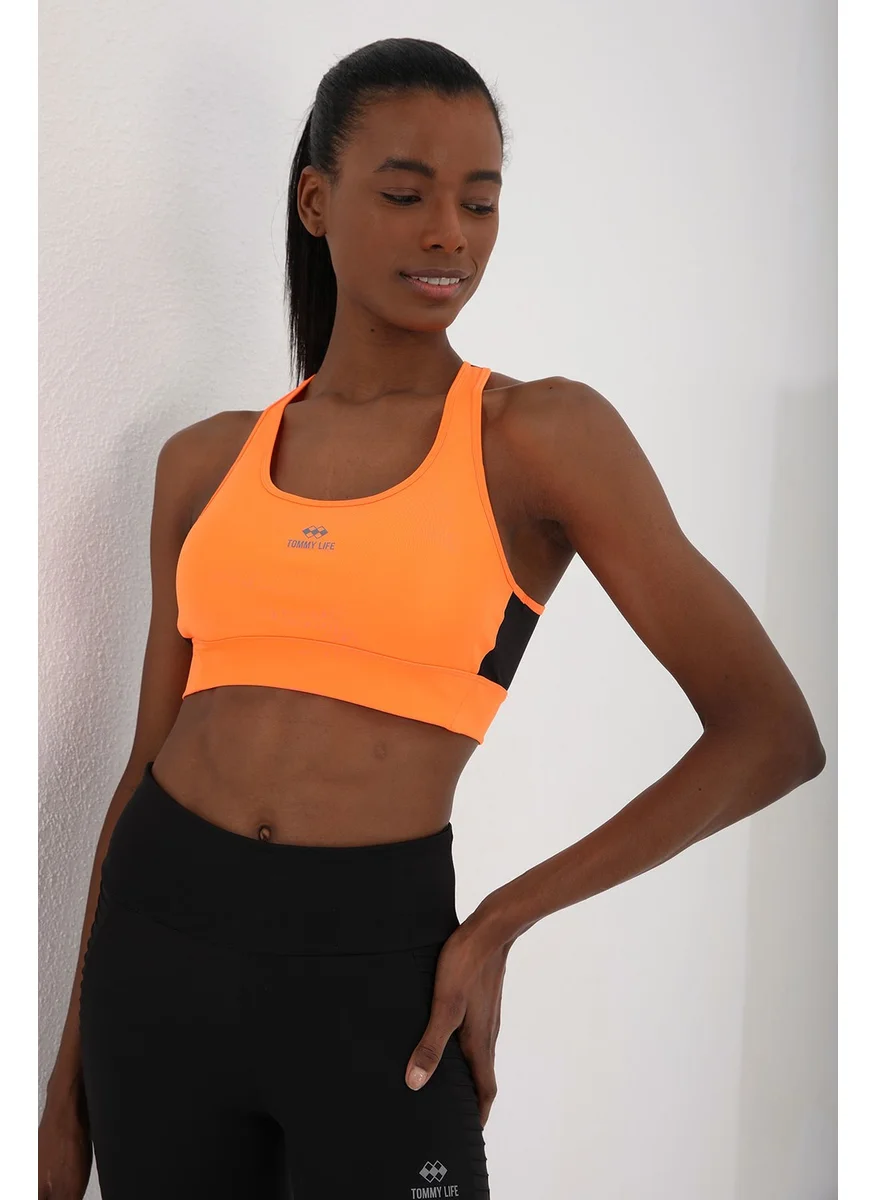 Tommy Life Neon Orange Women's Cross Back Detail Slim Fit U Neck Sports Bustier - 97121