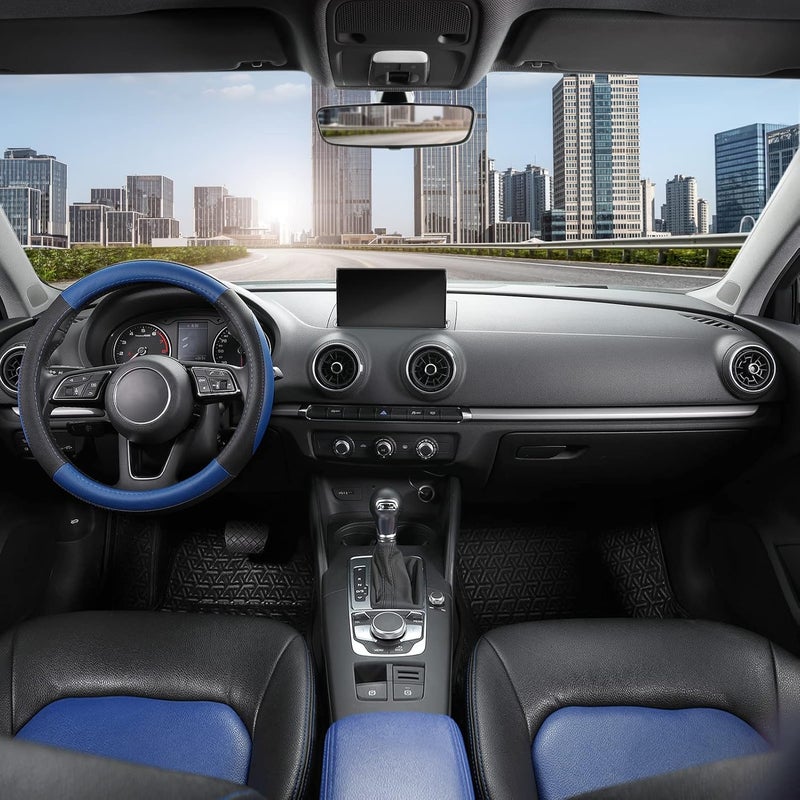 SEG Direct Car Steering Wheel Cover for Prius Civic Model 3 Model Y Camaro, Small Size 14-14.25 inch, Black and Blue Microfiber Leather - Image 2