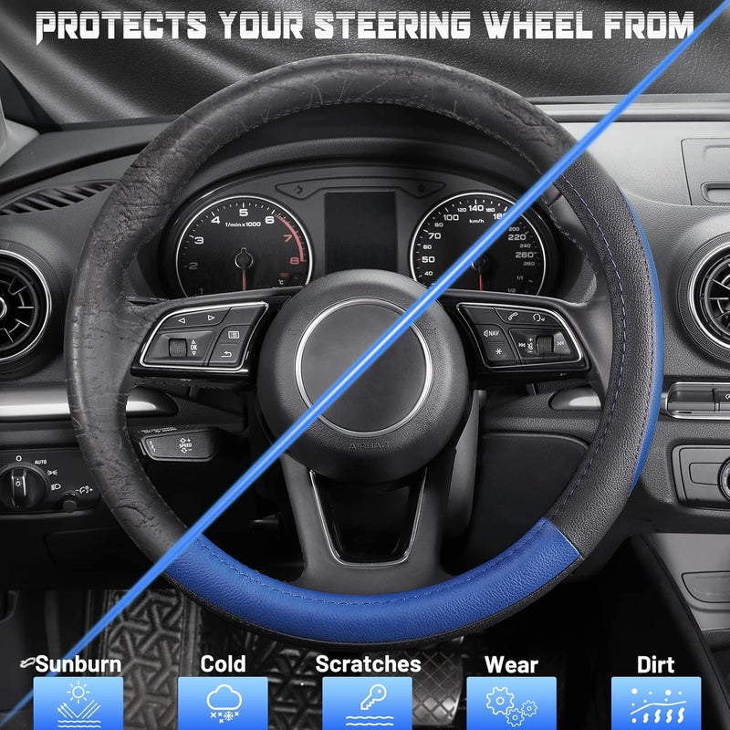 SEG Direct Car Steering Wheel Cover for Prius Civic Model 3 Model Y Camaro, Small Size 14-14.25 inch, Black and Blue Microfiber Leather - Image 4