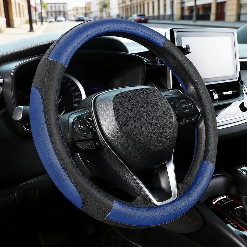 SEG Direct Car Steering Wheel Cover for Prius Civic Model 3 Model Y Camaro, Small Size 14-14.25 inch, Black and Blue Microfiber Leather - Image 1