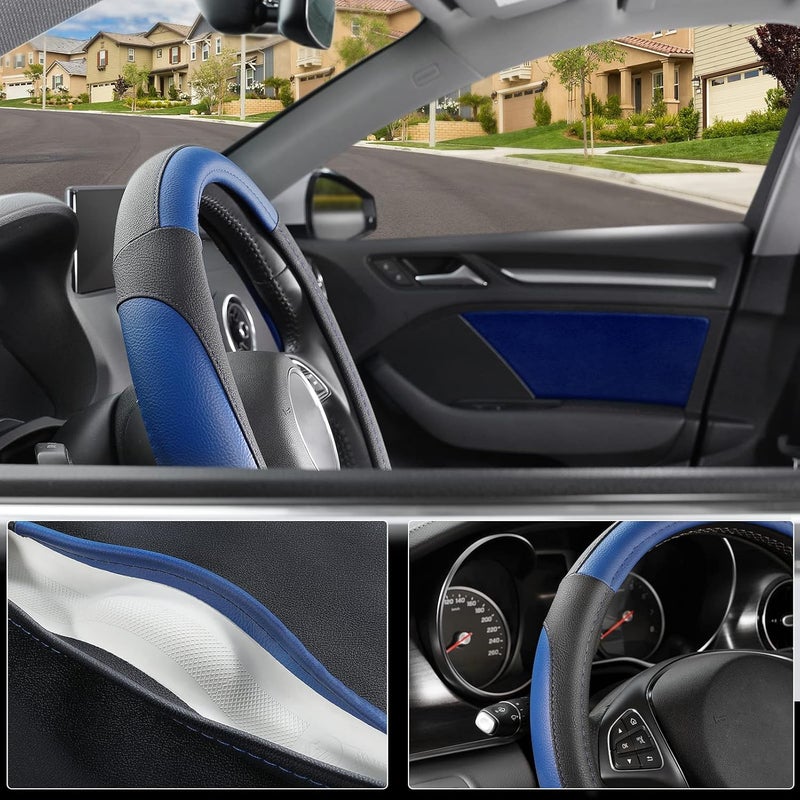 SEG Direct Car Steering Wheel Cover for Prius Civic Model 3 Model Y Camaro, Small Size 14-14.25 inch, Black and Blue Microfiber Leather - Image 3