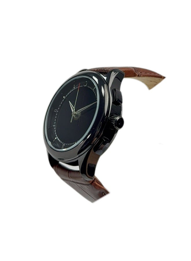 Al Fajr Analogue and digital dual-display Black circular dial wristwatch, brown leather strap and black dial Minimalist and fashionable style watch WW-22BBL-ZS - Image 2