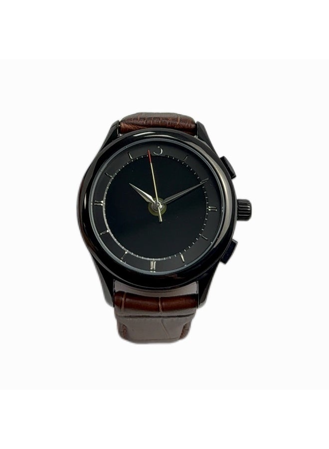 Al Fajr Analogue and digital dual-display Black circular dial wristwatch, brown leather strap and black dial Minimalist and fashionable style watch WW-22BBL-ZS - Image 1