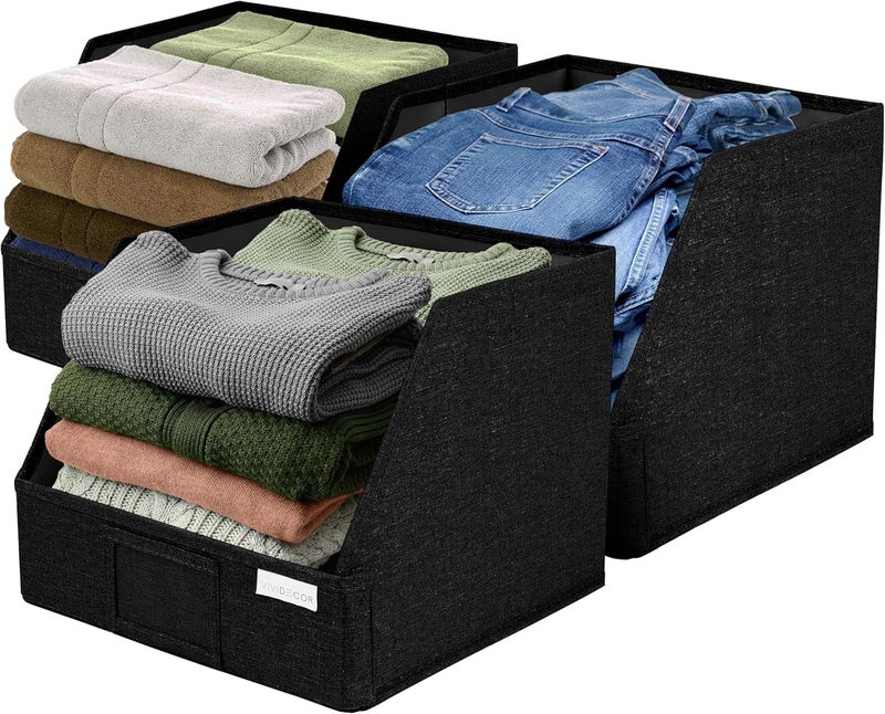 VIVIDECOR Trapezoid Closet Bins for Shelves – 12x12x10 Fabric Storage Baskets, Collapsible Organizer Boxes for Bedroom, Jeans, Sweaters– Black, 3 Pack - Image 1