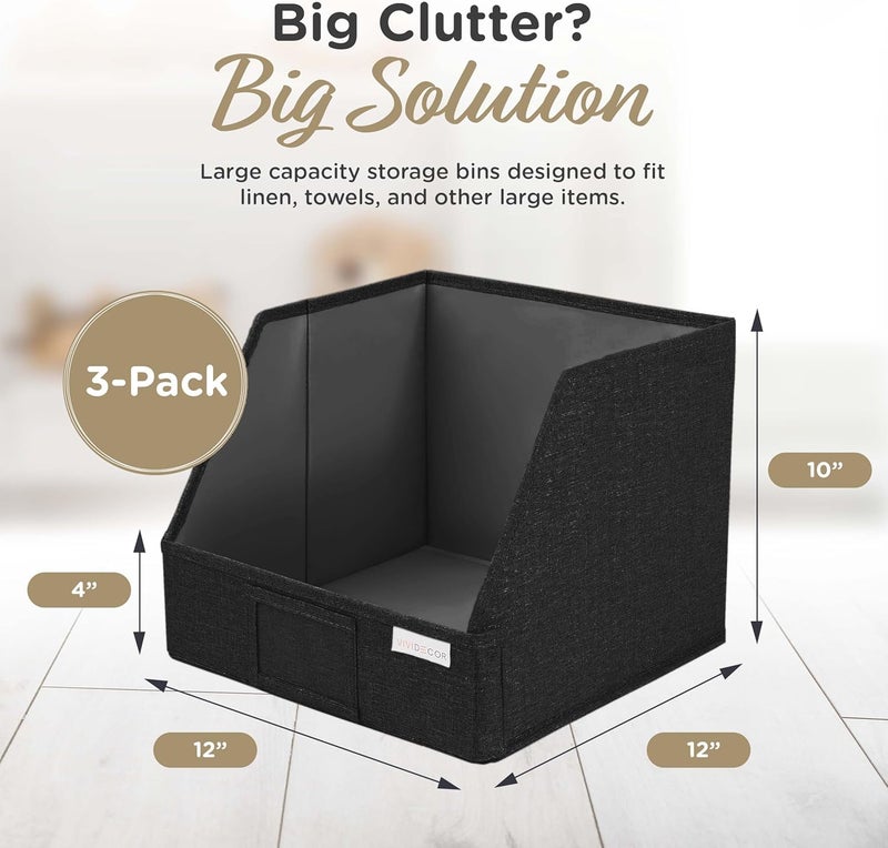 VIVIDECOR Trapezoid Closet Bins for Shelves – 12x12x10 Fabric Storage Baskets, Collapsible Organizer Boxes for Bedroom, Jeans, Sweaters– Black, 3 Pack - Image 4