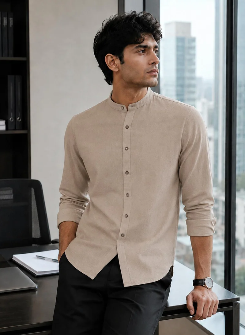 CAHOOT Men's Beige Plain/Basic Regular Shirt For Casual Wear | Collared Neck | Long Sleeve | Button Closure | Cotton Shirt Crafted With Comfort Fit For Everyday Wear (3958)