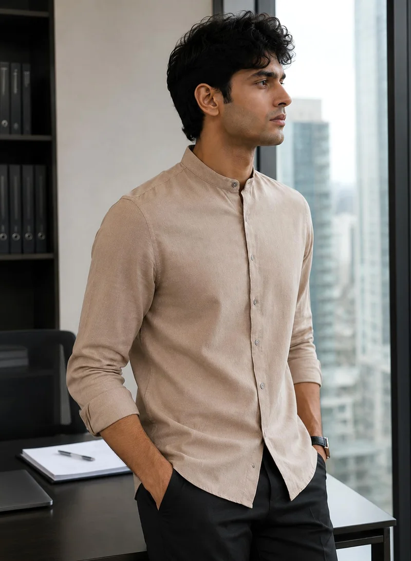 CAHOOT Men's Beige Plain/Basic Regular Shirt For Casual Wear | Collared Neck | Long Sleeve | Button Closure | Cotton Shirt Crafted With Comfort Fit For Everyday Wear (3958)