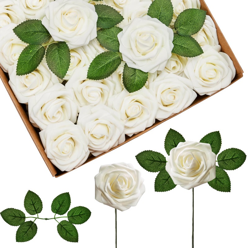 InnoGear Artificial Flowers 50 Pcs Ivory Foam Fake Roses Bulk with Stems for Decoration DIY Wedding Bouquets Centerpieces Bridal Shower Party Christmas Tree