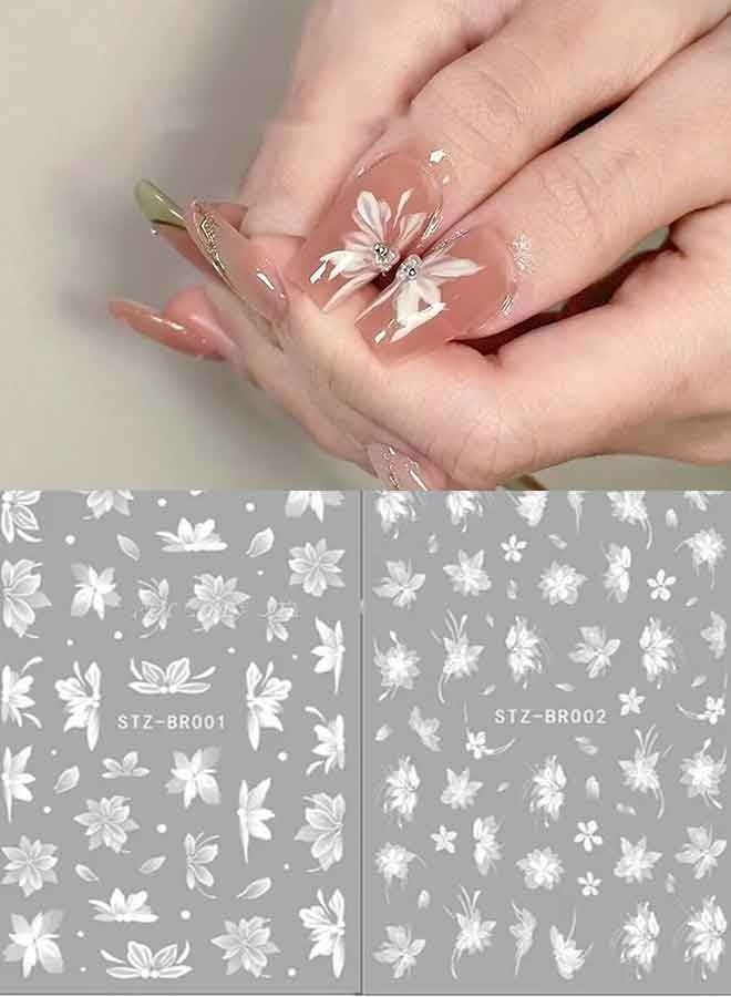 قطعتان من ملصقات تزيين الأظافر على شكل زهور بيضاء، ملصقات ثلاثية الأبعاد لأزهار الماغنوليا البيضاء، تصميم أنيق لأظافر الزفاف، ملصقات لاصقة منزلقة للنساء لتزيين أظافرهن في فصل الصيف - Image 1