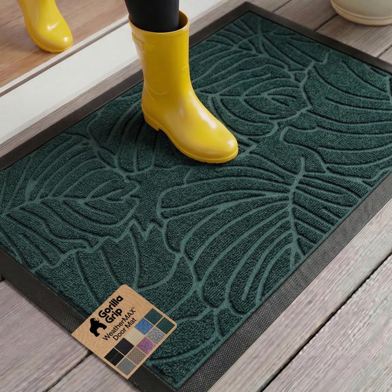 GORILLA GRIP 100% Waterproof All-Season WeatherMAX Doormat US Designed Natural Rubber, Stain and Fade Resistant, Low Profile Indoor Outdoor Door Mats, Easy Clean Patio Mat, 29x17, Green Palm - Image 1