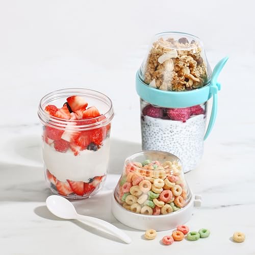 Felli On the Go Yogurt Parfait Snack Cup 12 oz Reusable Leak Proof + Travel Spoon, Topping Holder for Fruit Cereal Milk, To Go Lunch Healthy Portion Control Overnight Oats Container Clear (2, Blue) - Image 2