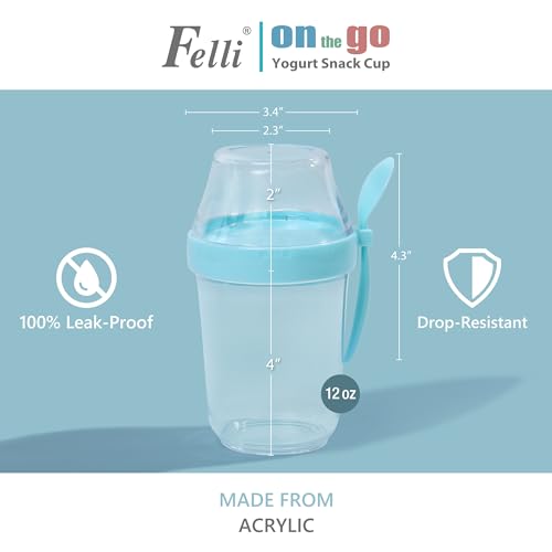 Felli On the Go Yogurt Parfait Snack Cup 12 oz Reusable Leak Proof + Travel Spoon, Topping Holder for Fruit Cereal Milk, To Go Lunch Healthy Portion Control Overnight Oats Container Clear (2, Blue) - Image 3