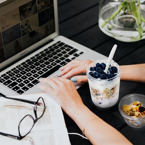 Felli On the Go Yogurt Parfait Snack Cup 12 oz Reusable Leak Proof + Travel Spoon, Topping Holder for Fruit Cereal Milk, To Go Lunch Healthy Portion Control Overnight Oats Container Clear (2, Blue) - Image 4