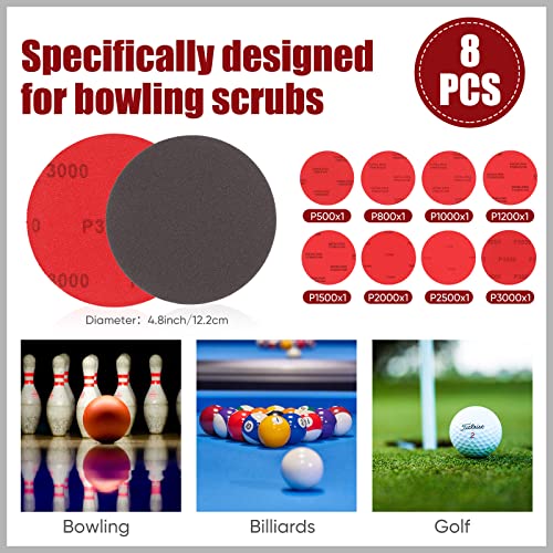 Loopeer 8 Pack Bowling Sanding Pads Bowling Grit Accessories Ball Sanding Sand Pads Polishing Cleaning Kit, 500, 800, 1000, 1200, 1500, 2000, 2500, 3000 for Different Texture(Red, Black,Round) - Image 2