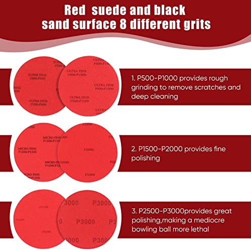 Loopeer 8 Pack Bowling Sanding Pads Bowling Grit Accessories Ball Sanding Sand Pads Polishing Cleaning Kit, 500, 800, 1000, 1200, 1500, 2000, 2500, 3000 for Different Texture(Red, Black,Round) - Image 4