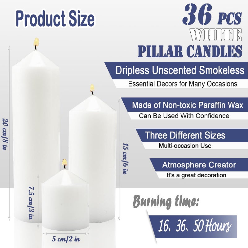 Veiuwa 36 Pcs White Pillar Candles Bulk Setï¼Œ2x3 2x6 2x8 Inch - 12 Each Sizeï¼ŒHurricane Candlesï¼ŒDripless Unscented Smokelessï¼ŒGives You a Better Atmosphere When Organizing an Event Party. - Image 2