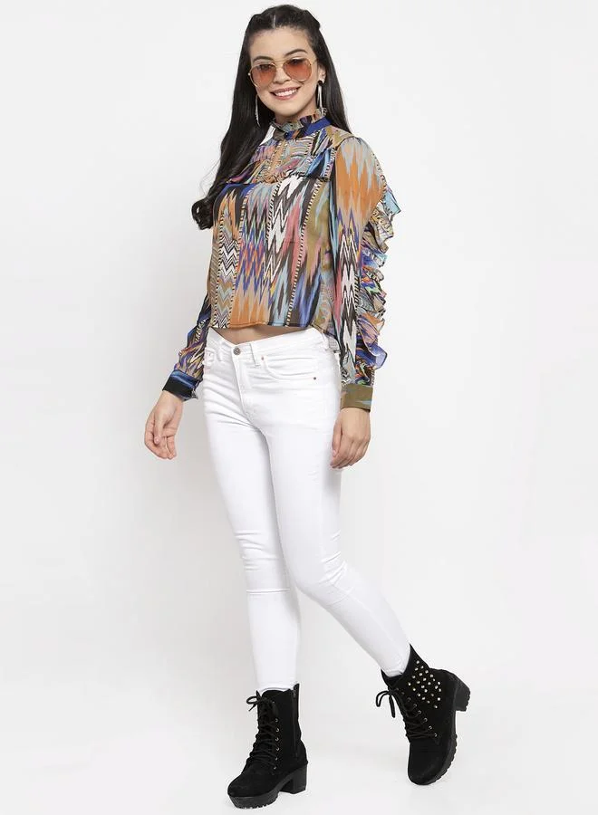 Kassually Kassually Printed High Neck Ruffled Detail Top