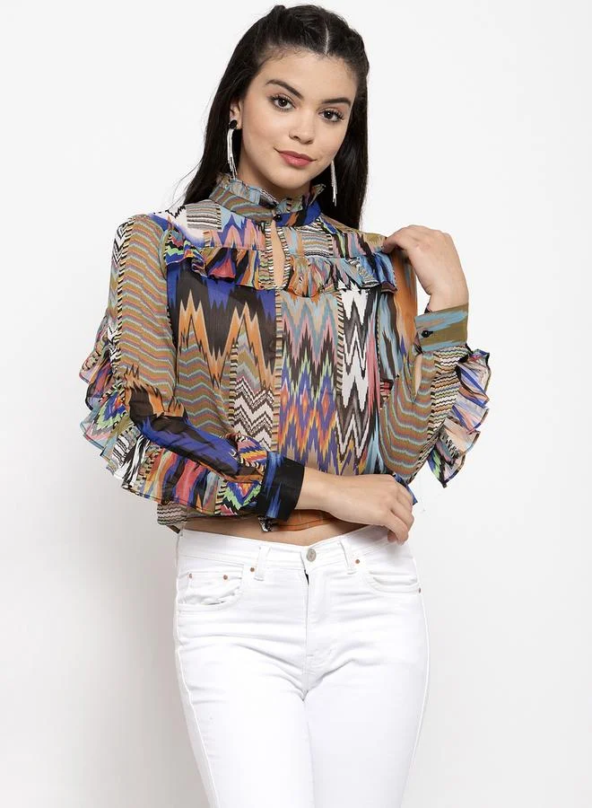 Kassually Kassually Printed High Neck Ruffled Detail Top