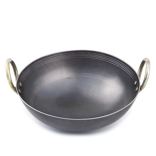 VISMAY'S 1 Litre 10 Inch Food Grade Iron Kadhai Wok Frypan Lohe ki Kadai Smooth Edges Riveted Handles Deep Frying, Roasting Metal Spoon Friendly Traditional Indian Cooking Durable Kitchen Cookware - Image 1