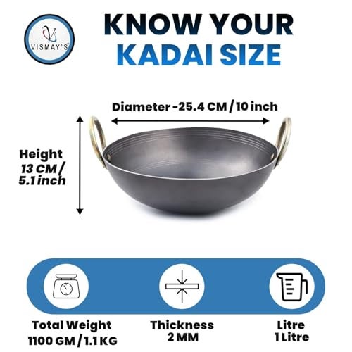 VISMAY'S 1 Litre 10 Inch Food Grade Iron Kadhai Wok Frypan Lohe ki Kadai Smooth Edges Riveted Handles Deep Frying, Roasting Metal Spoon Friendly Traditional Indian Cooking Durable Kitchen Cookware - Image 2