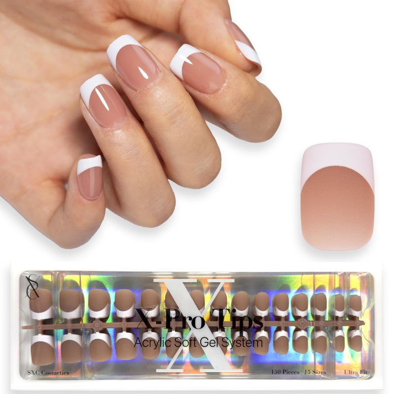 SXC Cosmetics French Tip Press On Nails Brown Extra Short Square 150 Pieces in 15 Sizes Ultra Fit with Pre-applied Tip Primer and Base Coat, No Need to File Fake Nails for Nail Art DIY X-Pro Tips - Image 1