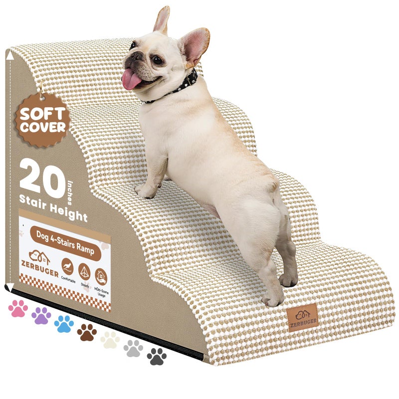 Zerbuger Dog Ramp and Stair for Bed 16" H-20 H,3-Step Cat Stair for Sofa and Chair,4-Step Dog Ramp for High Bed and Window,Durable Nonslip Fabric Cover for Indoor (Beige-20 H, Pet Friendly, 4) - Image 1