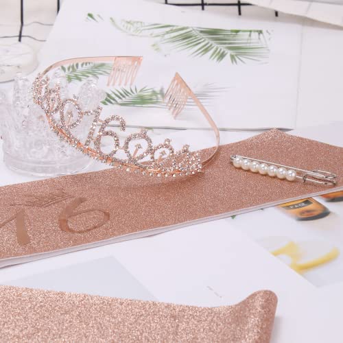 CIEHER 16th Birthday Crown & Sweet 16 Sash & Pearl Pin Set, Birthday Tiara and Crown for Girls, Birthday Girl Sash, Sweet 16 Birthday Decorations for Girls, Sweet Sixteen Gifts - Image 5