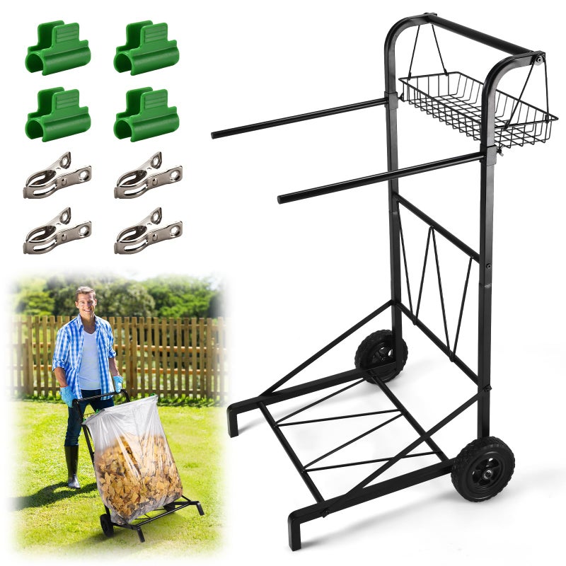 CAROD Upgraded Trash Bag Holder Cart with Storage Basket and Ergonomic Handle, Adjustable Outdoor Leaf Bag Holder from 30-45 Gallon Capacity, Ideal for Yard Clean-Up, Camping, Parties,Leaf Collection - Image 1