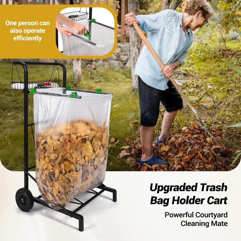 CAROD Upgraded Trash Bag Holder Cart with Storage Basket and Ergonomic Handle, Adjustable Outdoor Leaf Bag Holder from 30-45 Gallon Capacity, Ideal for Yard Clean-Up, Camping, Parties,Leaf Collection - Image 3