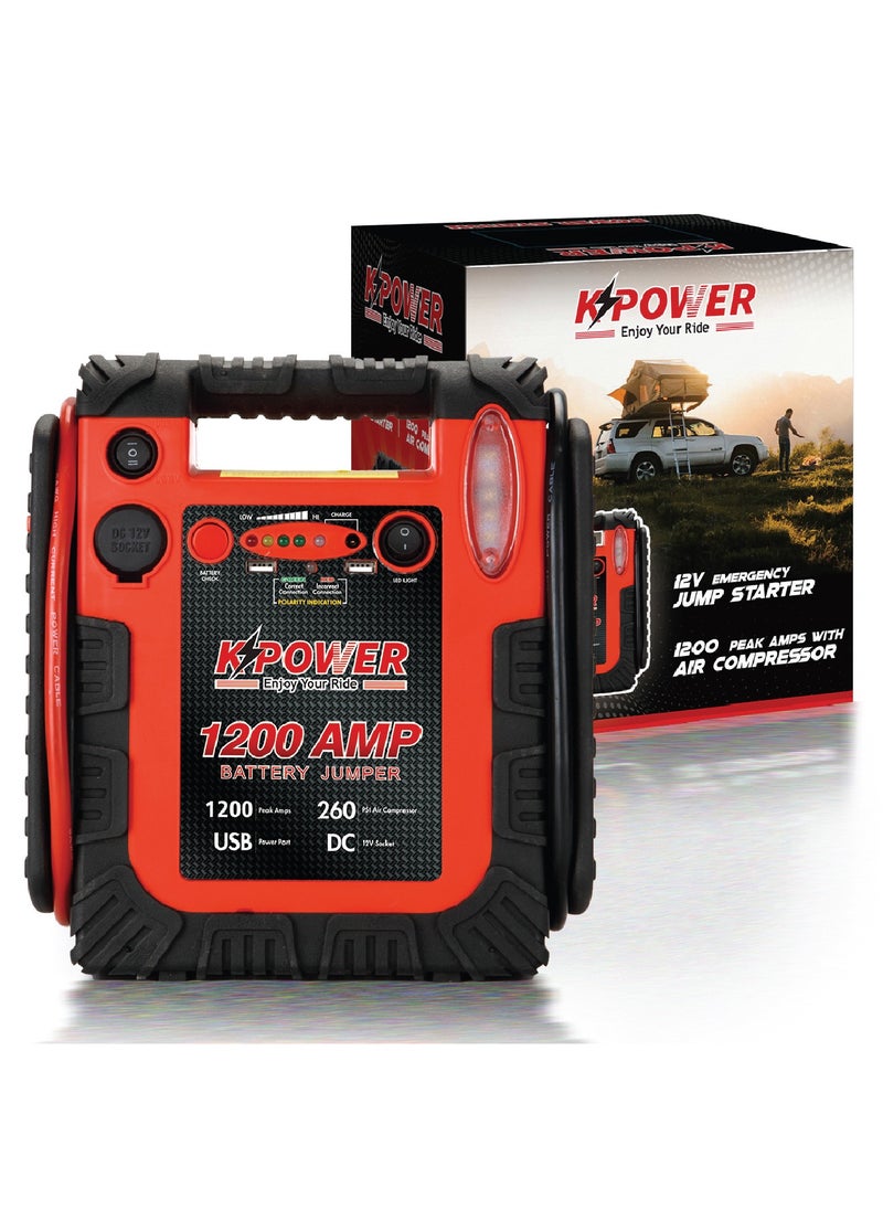 K POWER High Power Safety 1200 Peak Amp Portable Car Jump Starter With 260PSI Air Compressor KP-PS-4500  - Image 1
