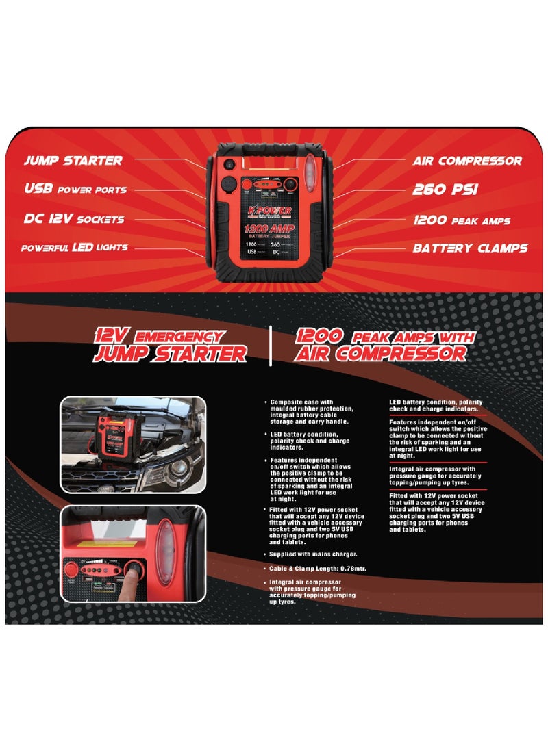 K POWER High Power Safety 1200 Peak Amp Portable Car Jump Starter With 260PSI Air Compressor KP-PS-4500  - Image 4