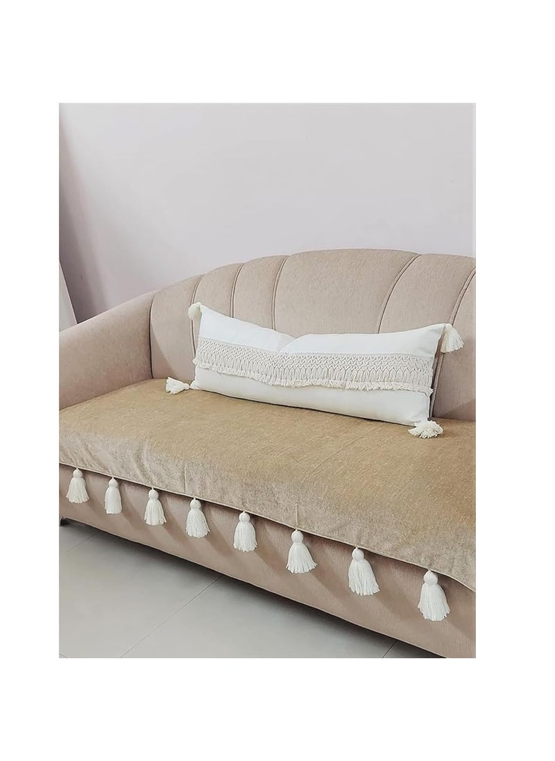 WWW.THROWPILLOW.IN WWWTHROWPILLOWIN Tan Beige Tassel Sofa Cover 3 SeaterWhite Tassels Modern Sofa Cover 3 Seater Designer Furnishings Dust Proof Sofa Protection CoverSofa Seat Cover 3 Seater Size 65 x 170 CMS  - Image 1