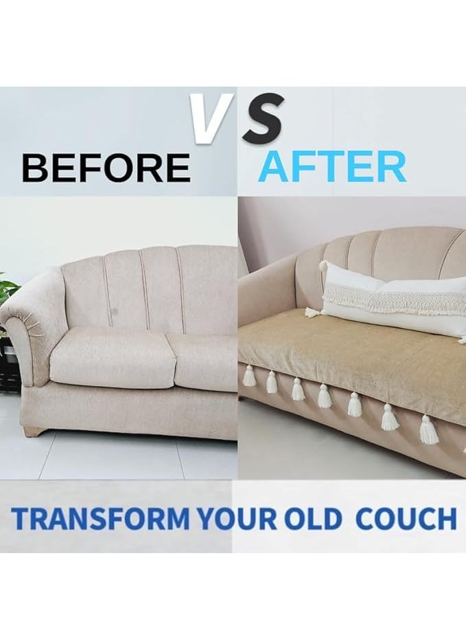 WWW.THROWPILLOW.IN WWWTHROWPILLOWIN Tan Beige Tassel Sofa Cover 3 SeaterWhite Tassels Modern Sofa Cover 3 Seater Designer Furnishings Dust Proof Sofa Protection CoverSofa Seat Cover 3 Seater Size 65 x 170 CMS  - Image 5