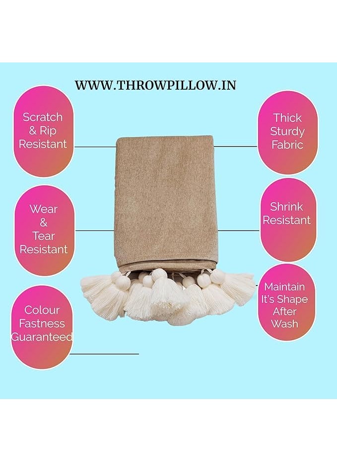 WWW.THROWPILLOW.IN WWWTHROWPILLOWIN Tan Beige Tassel Sofa Cover 3 SeaterWhite Tassels Modern Sofa Cover 3 Seater Designer Furnishings Dust Proof Sofa Protection CoverSofa Seat Cover 3 Seater Size 65 x 170 CMS  - Image 3