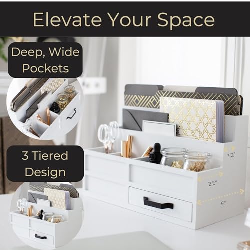 BLU MONACO White Desktop Organizer with Drawer – Paper Wood Bill & Mail Organizer for Office Desk, Countertop & Workspace Storage - Image 3