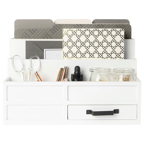 BLU MONACO White Desktop Organizer with Drawer – Paper Wood Bill & Mail Organizer for Office Desk, Countertop & Workspace Storage - Image 1