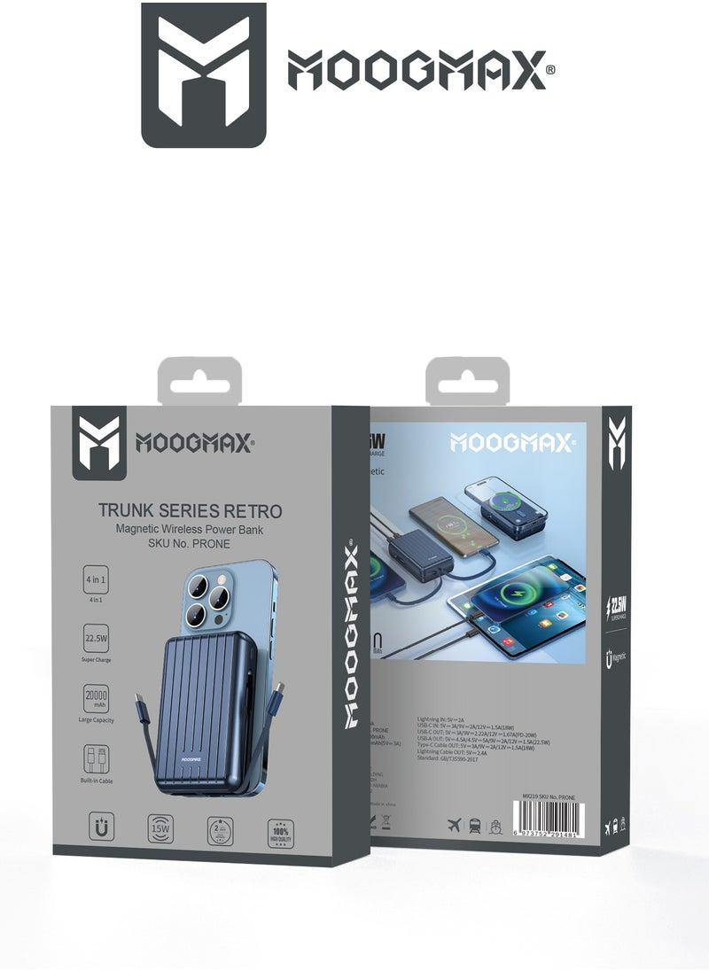 موجماكس - باور بنك لاسلكي مغناطيسي من سلسلة trunk بسعة 20000mAh والجهد 22.5W فائق الشحن وكبلان مدمجان مع شحن لاسلكي بجهد 15 واط و 3 منافذ خارجية 1 Type-c و 1 Type-A ومنفذ لايتنينج(ايفون) لشحن الباوربنك. أزرق - Image 1