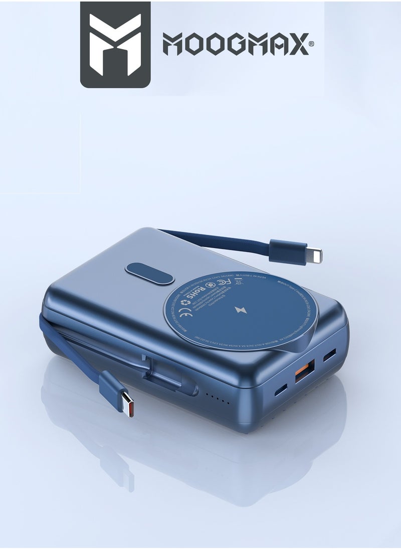 موجماكس - باور بنك لاسلكي مغناطيسي من سلسلة trunk بسعة 20000mAh والجهد 22.5W فائق الشحن وكبلان مدمجان مع شحن لاسلكي بجهد 15 واط و 3 منافذ خارجية 1 Type-c و 1 Type-A ومنفذ لايتنينج(ايفون) لشحن الباوربنك. أزرق - Image 1