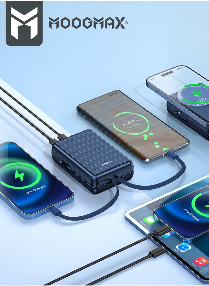 موجماكس - باور بنك لاسلكي مغناطيسي من سلسلة trunk بسعة 20000mAh والجهد 22.5W فائق الشحن وكبلان مدمجان مع شحن لاسلكي بجهد 15 واط و 3 منافذ خارجية 1 Type-c و 1 Type-A ومنفذ لايتنينج(ايفون) لشحن الباوربنك. أزرق - Image 1