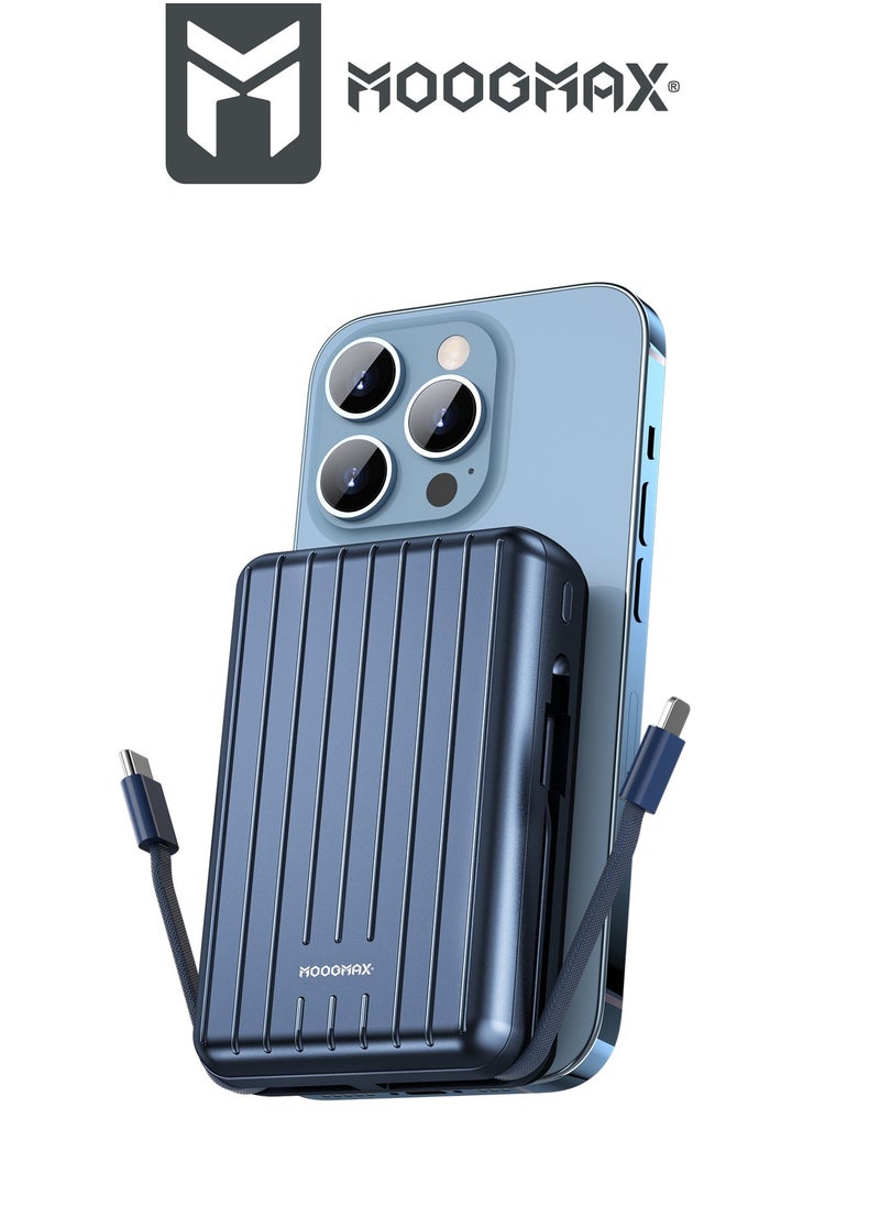 موجماكس - باور بنك لاسلكي مغناطيسي من سلسلة trunk بسعة 20000mAh والجهد 22.5W فائق الشحن وكبلان مدمجان مع شحن لاسلكي بجهد 15 واط و 3 منافذ خارجية 1 Type-c و 1 Type-A ومنفذ لايتنينج(ايفون) لشحن الباوربنك. أزرق - Image 1