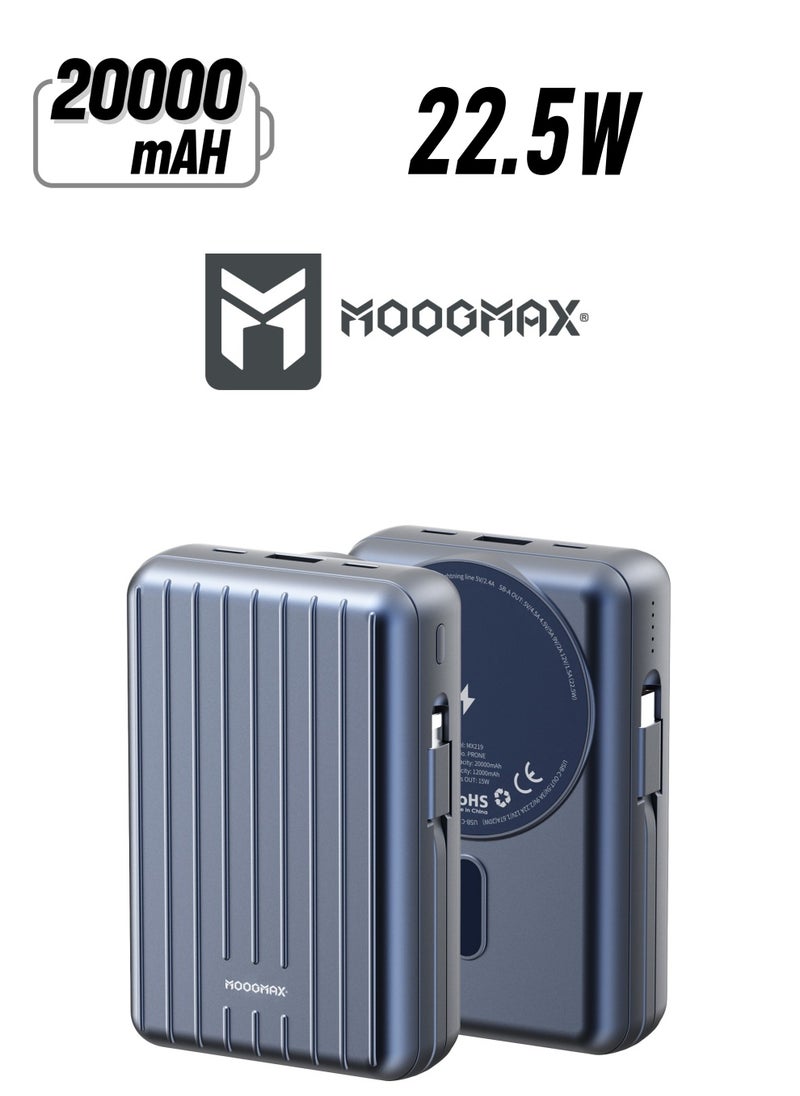 موجماكس - باور بنك لاسلكي مغناطيسي من سلسلة trunk بسعة 20000mAh والجهد 22.5W فائق الشحن وكبلان مدمجان مع شحن لاسلكي بجهد 15 واط و 3 منافذ خارجية 1 Type-c و 1 Type-A ومنفذ لايتنينج(ايفون) لشحن الباوربنك. أزرق - Image 1