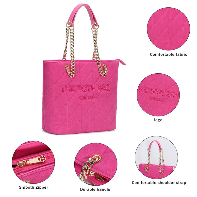Chinllo Tote Bag for Women, Large Suede Quilted Top Handle Chains Handbags Purse (Es.Fuchsia) - Image 4