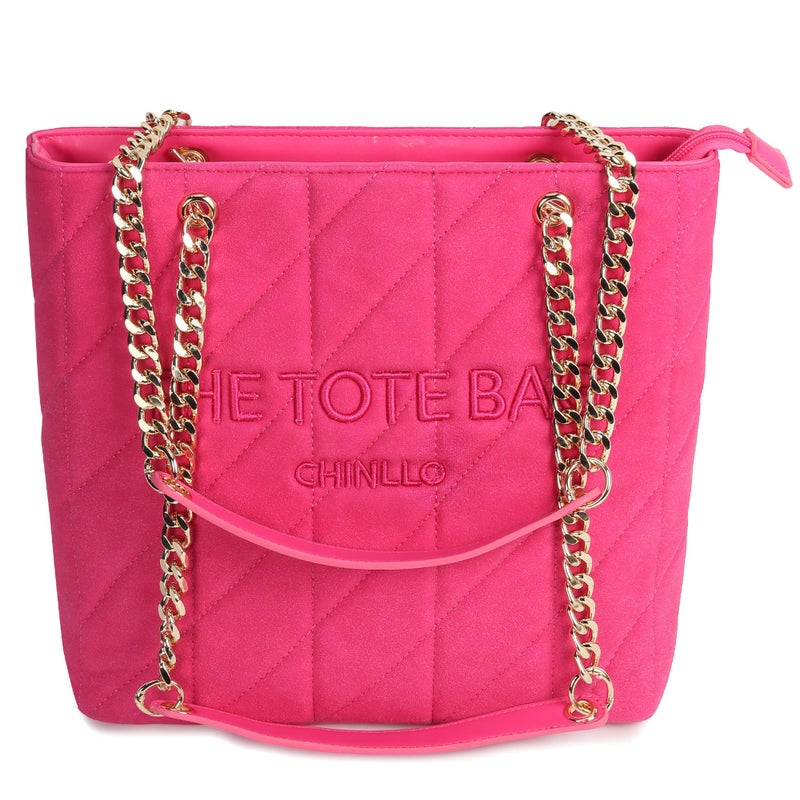 Chinllo Tote Bag for Women, Large Suede Quilted Top Handle Chains Handbags Purse (Es.Fuchsia) - Image 1