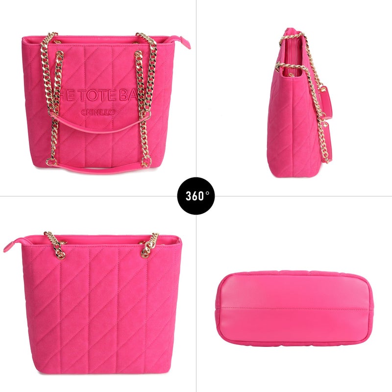 Chinllo Tote Bag for Women, Large Suede Quilted Top Handle Chains Handbags Purse (Es.Fuchsia) - Image 5