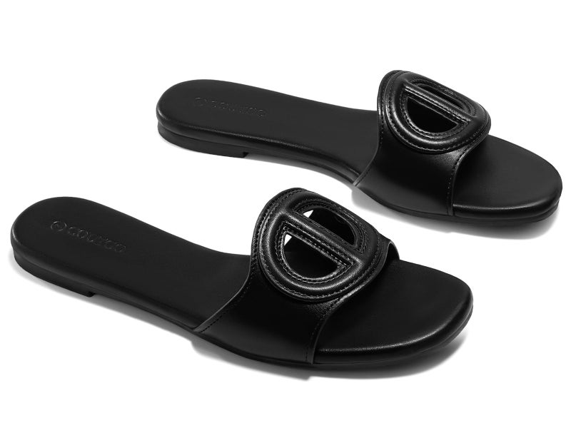 Coutgo Womens Dressy Flat Sandals Open Toe Slip on Leather Summer Beach Slide Sandals, Black, Size 7.5 - Image 1