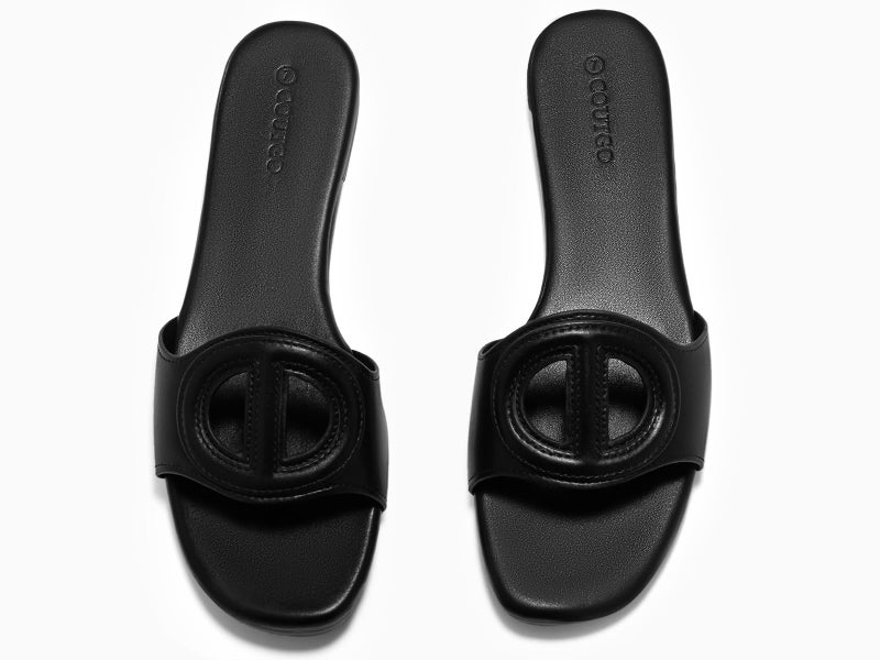 Coutgo Womens Dressy Flat Sandals Open Toe Slip on Leather Summer Beach Slide Sandals, Black, Size 7.5 - Image 5